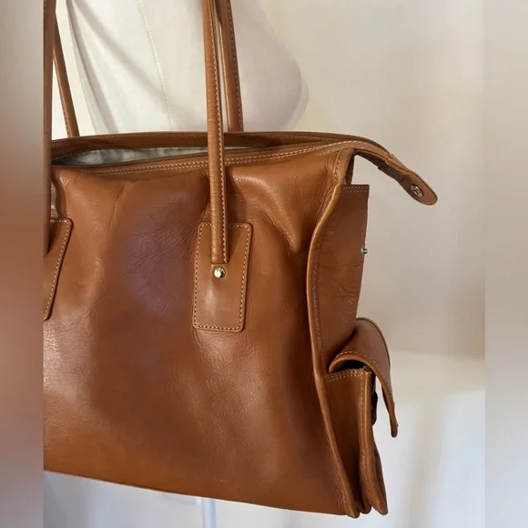 J. Crew Large Brown Leather Tote Bag Exterior Pockets Tan - Picture 7 of 14